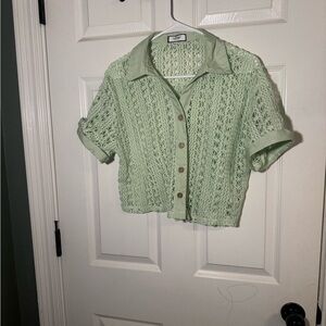 Mint Green Crochet Button-Up Shirt